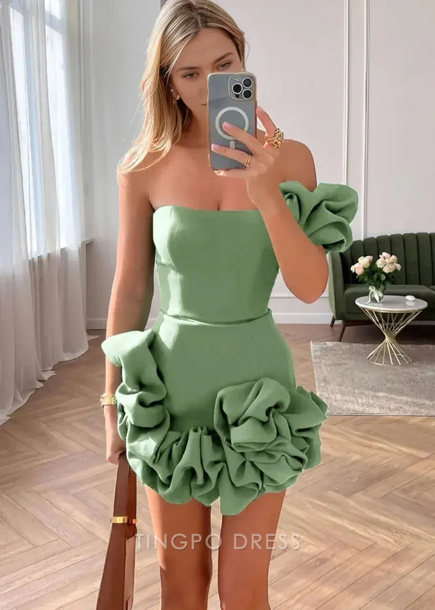 Elegant One - Shoulder Ruffle Mini Dress with Lace - Up Back Prom Dress